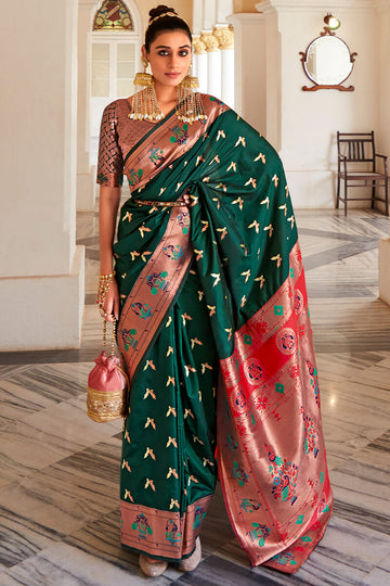 Exceptional Dark Green Paithani Silk Saree With Fairytale Blouse Piece