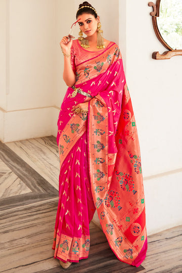 Lassitude Dark Pink Paithani Silk Saree With Woebegone Blouse Piece