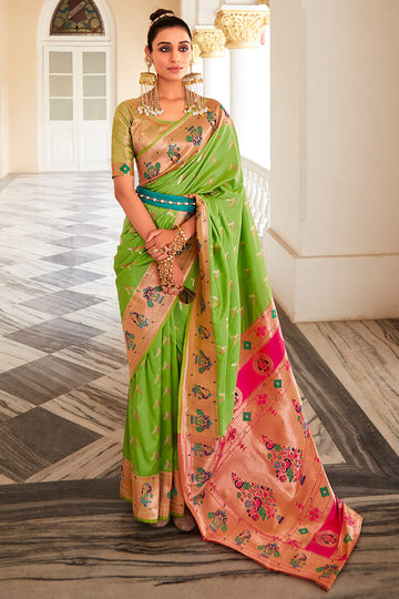Engaging Parrot Paithani Silk Saree With Splendiferous Blouse Piece