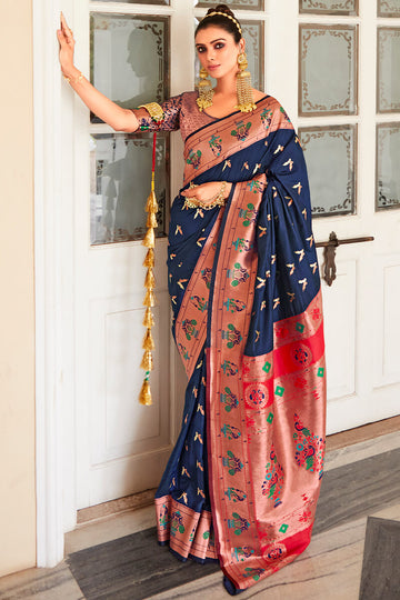 Embellished Navy Blue Paithani Silk Saree With Prodigal Blouse Piece