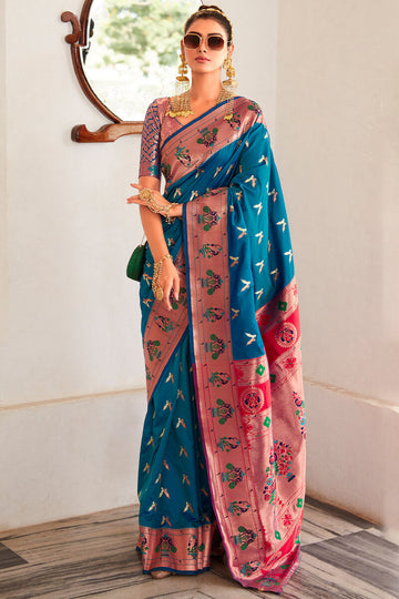Pleasurable Rama Paithani Silk Saree With Petrichor Blouse Piece