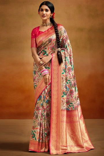 Ratatouille Beige Kalamkari Printed Saree With Rhapsodic Blouse Piece