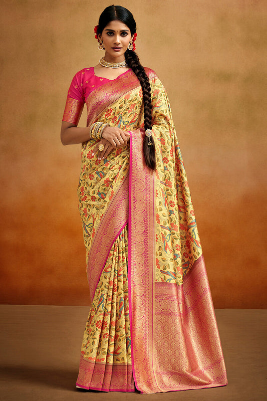 Hypnotic Yellow Kalamkari Printed Saree With Whimsical Blouse Piece