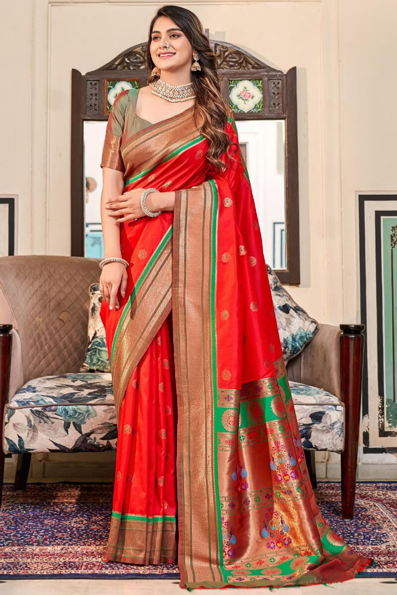Adoring Red Paithani Silk Saree With Embrocation Blouse Piece