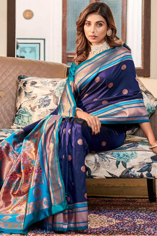 Lassitude Navy Blue Paithani Silk Saree With Scintilla Blouse Piece