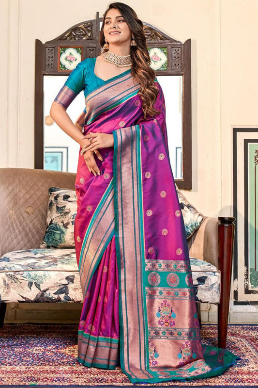 Delectable Purple Paithani Silk Saree With Serendipity Blouse Piece