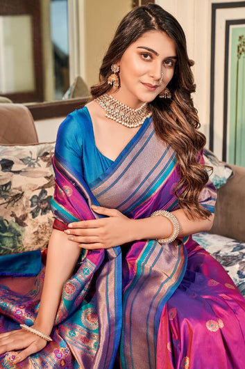 Delectable Purple Paithani Silk Saree With Serendipity Blouse Piece