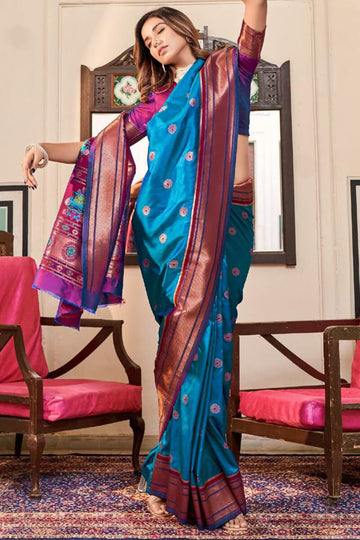 Mellifluous Blue Paithani Silk Saree With Devastating Blouse Piece