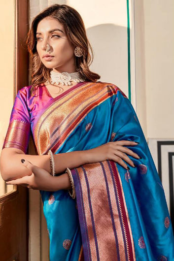 Mellifluous Blue Paithani Silk Saree With Devastating Blouse Piece