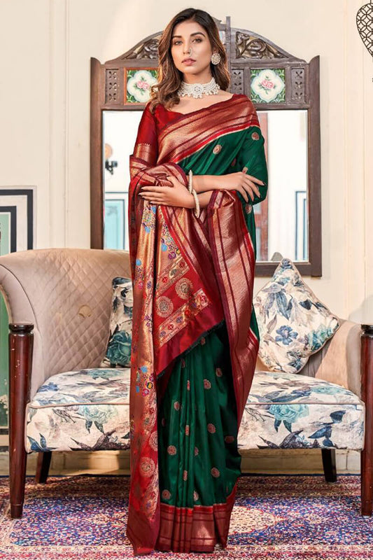 Felicitous Dark Green Paithani Silk Saree With Imaginative Blouse Piece