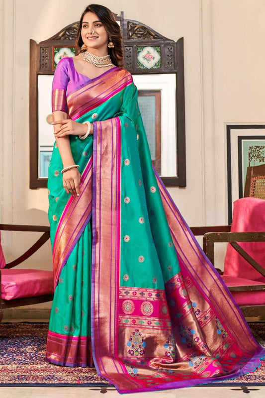 Smashing Sea Green Paithani Silk Saree With Snappy Blouse Piece