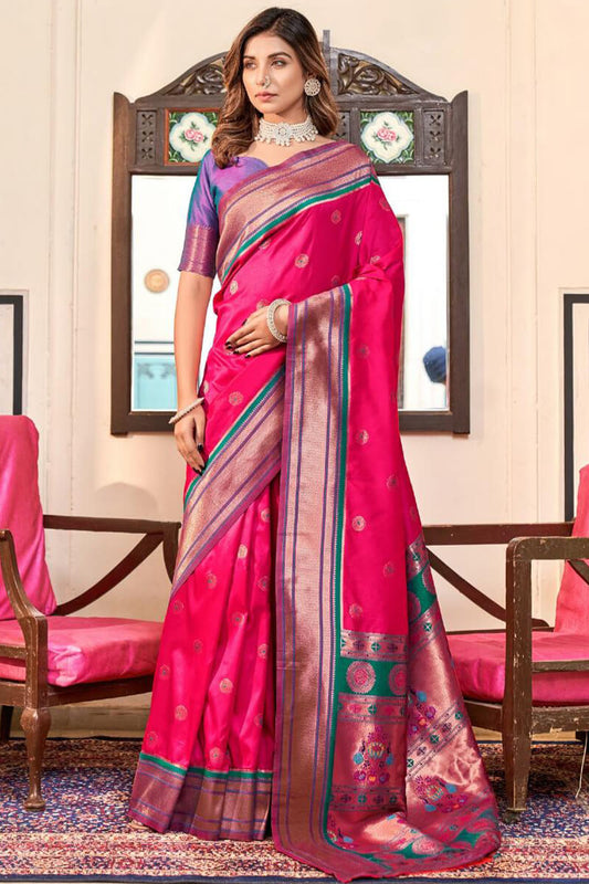 Magnetic Dark Pink Paithani Silk Saree With Redolent Blouse Piece