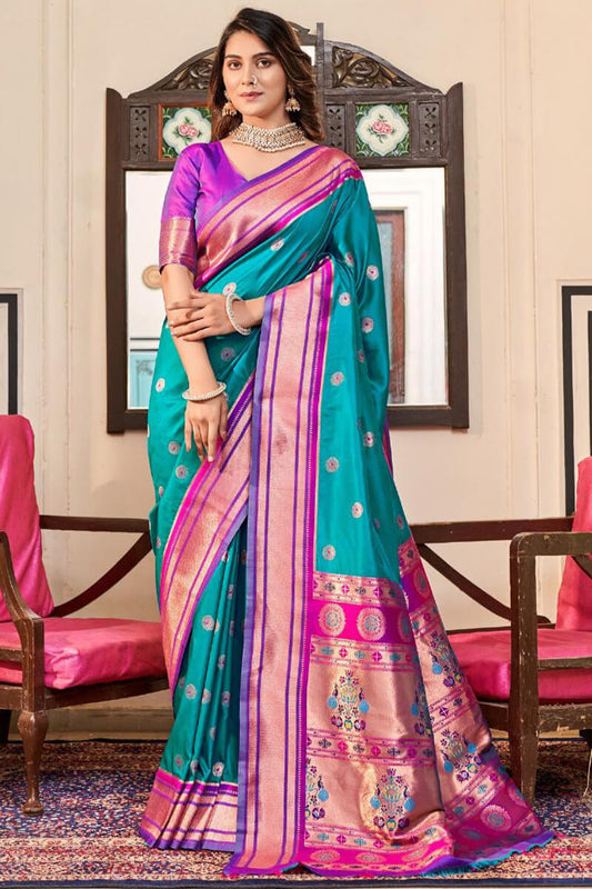 Palimpsest Firozi Paithani Silk Saree With Embrocation Blouse Piece