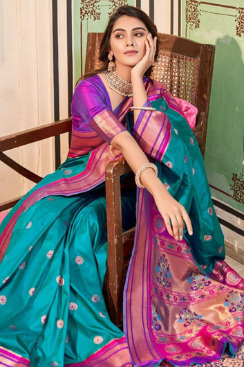 Palimpsest Firozi Paithani Silk Saree With Embrocation Blouse Piece