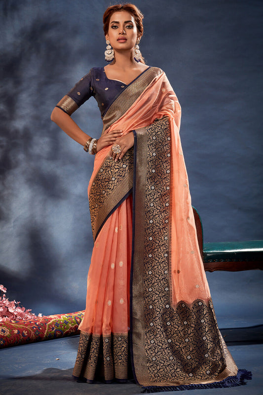 Classy Peach Organza Silk Saree With Classy Blouse Piece