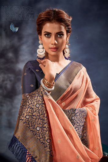 Classy Peach Organza Silk Saree With Classy Blouse Piece
