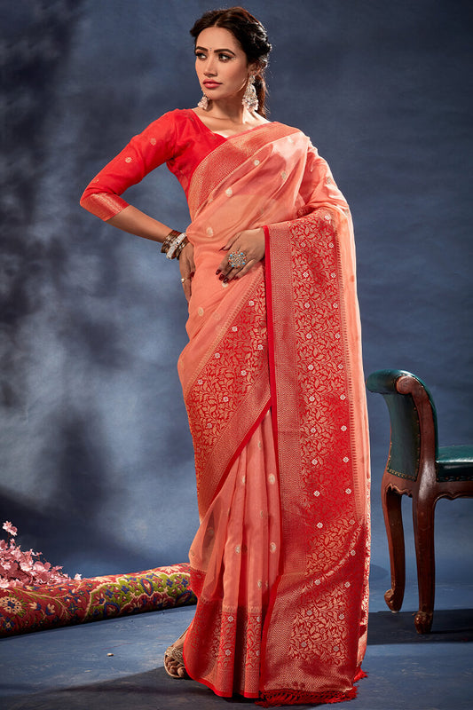 Alluring Pink Organza Silk Saree With Girlish Blouse Piece