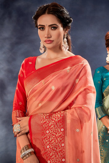 Alluring Pink Organza Silk Saree With Girlish Blouse Piece