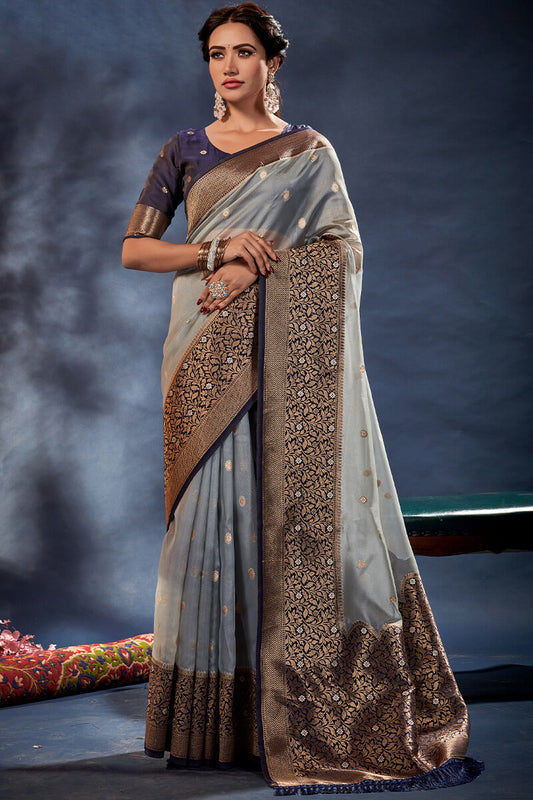 Stunner Grey Organza Silk Saree With Effervescent Blouse Piece