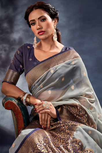 Stunner Grey Organza Silk Saree With Effervescent Blouse Piece