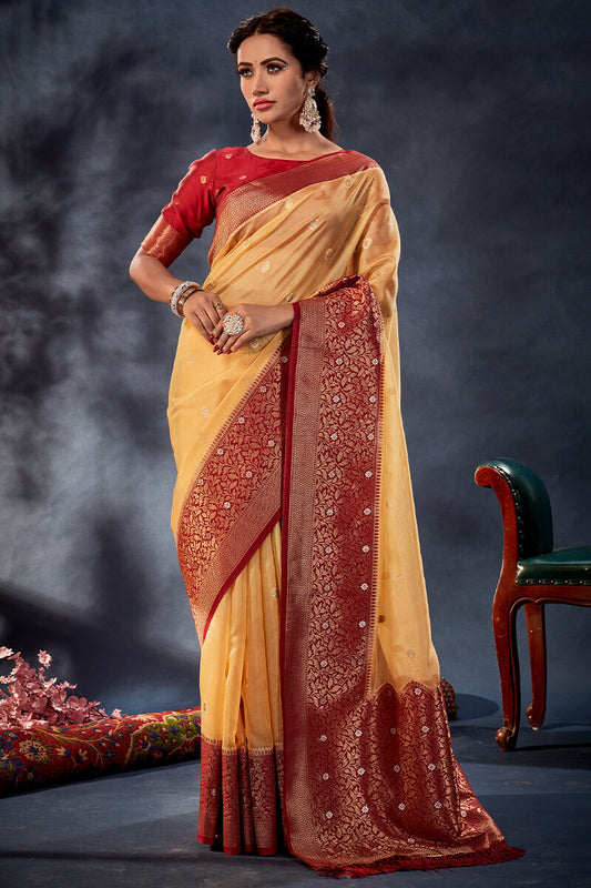 Ideal Yellow Organza Silk Saree With Dalliance Blouse Piece