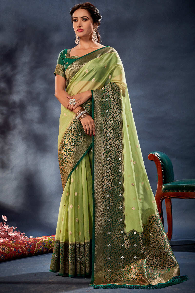 Elision Green Organza Silk Saree With Nemesis Blouse Piece