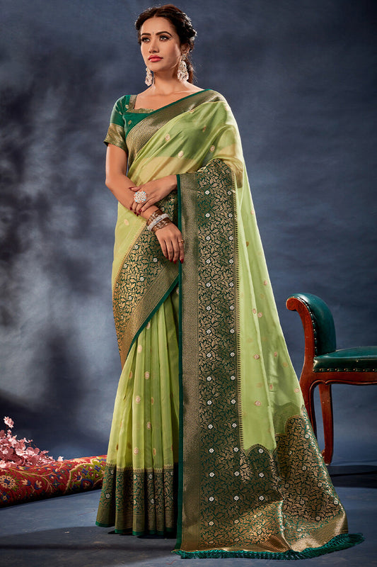 Elision Green Organza Silk Saree With Nemesis Blouse Piece