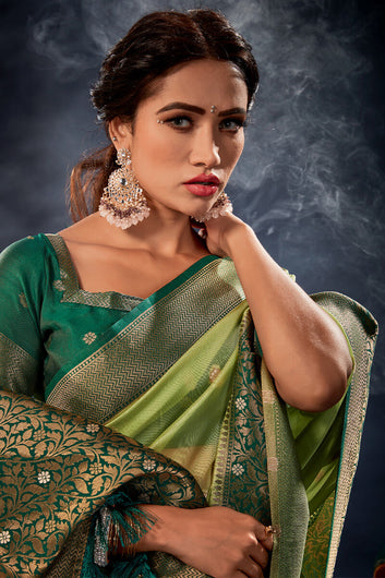 Elision Green Organza Silk Saree With Nemesis Blouse Piece