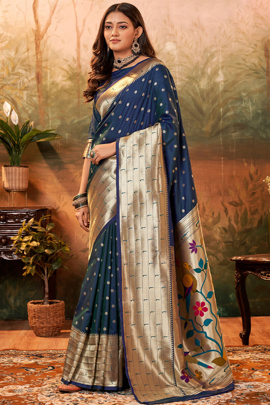 Embrocation Navy Blue Paithani Silk Saree With Fancifull Blouse Piece