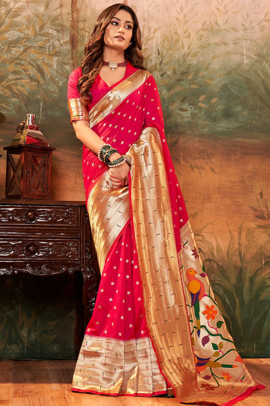 Most Stunning Dark Pink Paithani Silk Saree With Angelic Blouse Piece