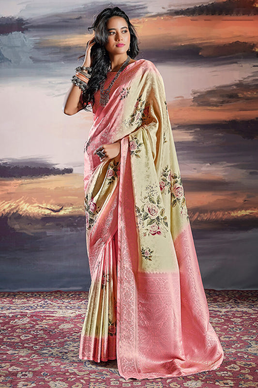 Evocative Beige Digital Printed Satin Silk Saree With Rhapsodic Blouse Piece