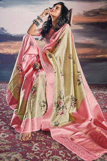 Evocative Beige Digital Printed Satin Silk Saree With Rhapsodic Blouse Piece