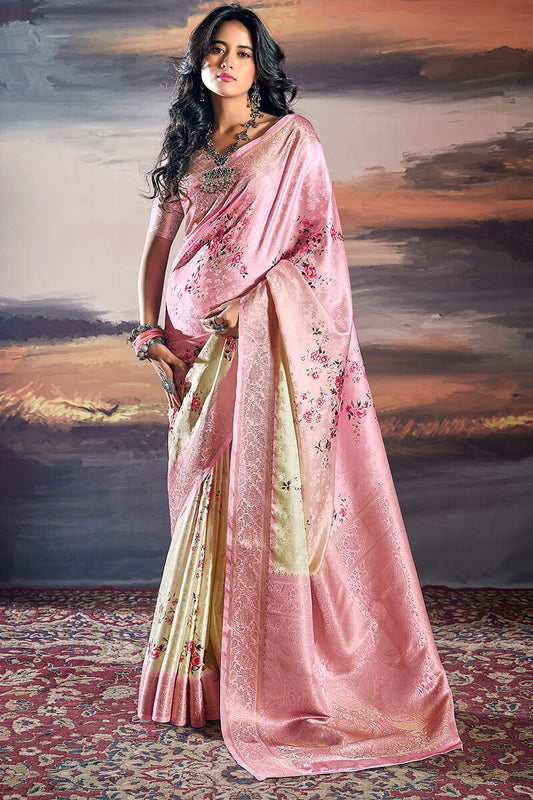 Comely Baby Pink Digital Printed Satin Silk Saree With Inimitable Blouse Piece