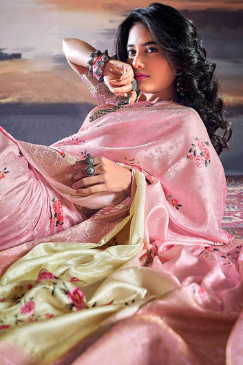 Comely Baby Pink Digital Printed Satin Silk Saree With Inimitable Blouse Piece