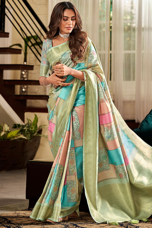 Cynosure Multicolor Digital Printed Soft Silk Saree With Fugacious Blouse Piece