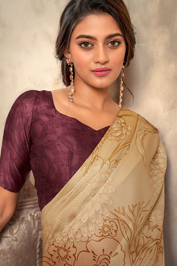 Lagniappe Brown Digital Printed Soft Silk Saree With Desultory Blouse Piece