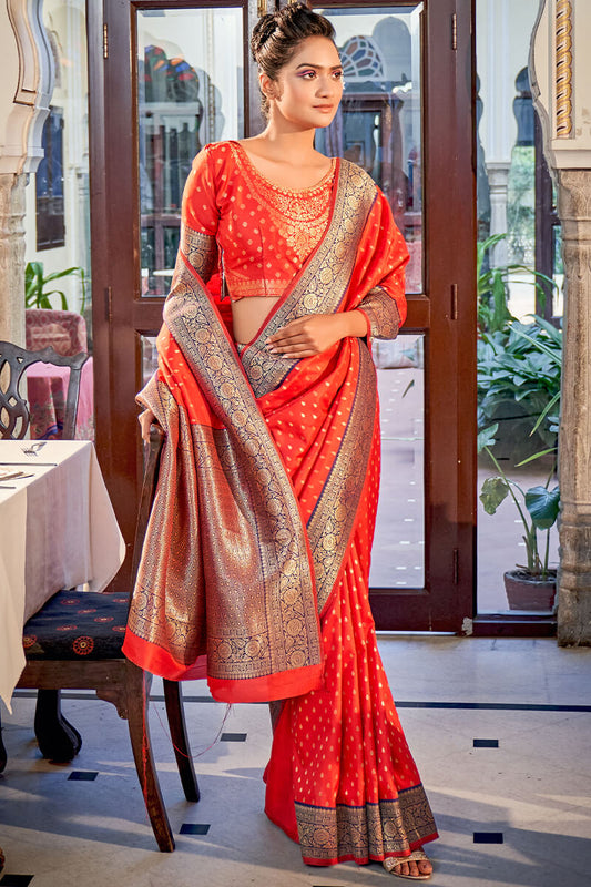 Murmurous Red Soft Banarasi Silk Saree With Evocative Blouse Piece