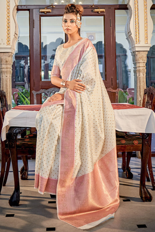 Effervescent Beige Soft Banarasi Silk Saree With Conflate Blouse Piece