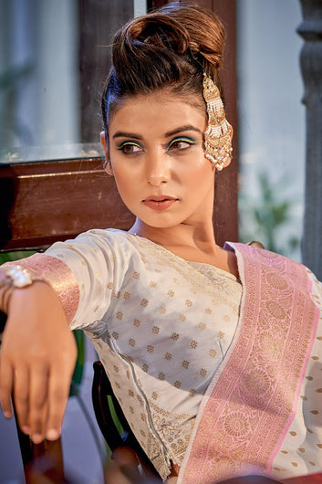 Effervescent Beige Soft Banarasi Silk Saree With Conflate Blouse Piece