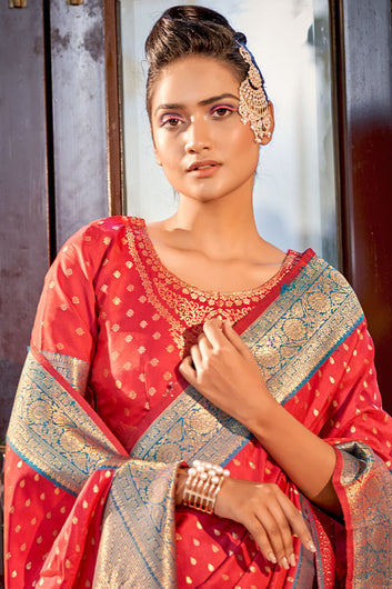 Bewitching Red Soft Banarasi Silk Saree With Fairytale Blouse Piece