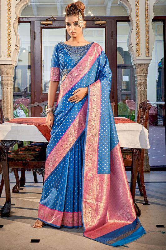 Preferable Blue Soft Banarasi Silk Saree With Ravishing Blouse Piece