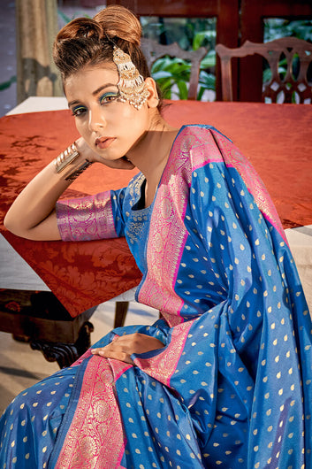 Preferable Blue Soft Banarasi Silk Saree With Ravishing Blouse Piece