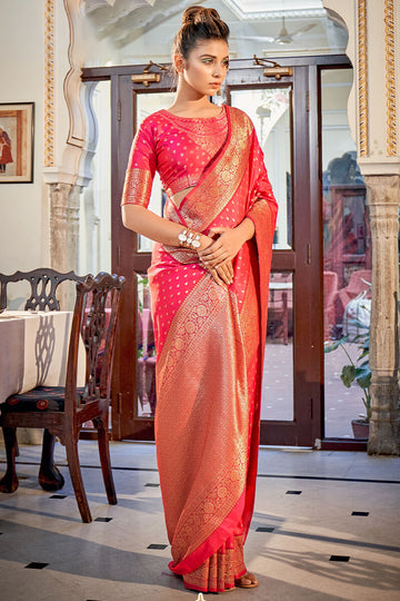 Appealing Dark Pink Soft Banarasi Silk Saree With Beautiful Blouse Piece