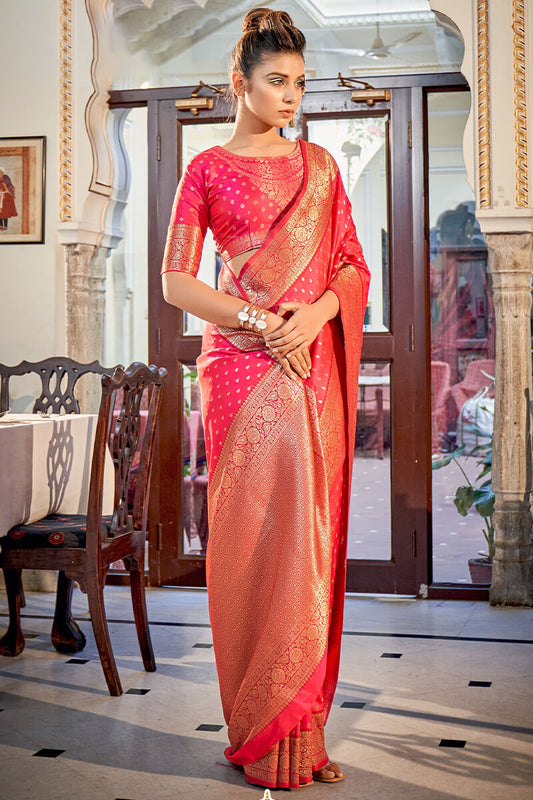 Appealing Dark Pink Soft Banarasi Silk Saree With Beautiful Blouse Piece