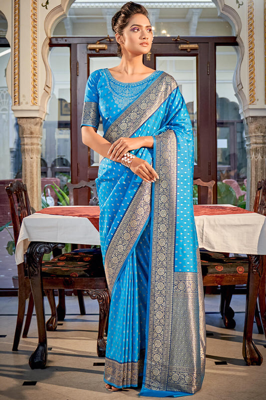Beautiful Firozi Soft Banarasi Silk Saree With Charming Blouse Piece