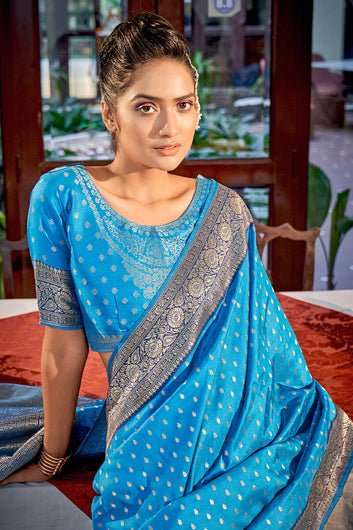 Beautiful Firozi Soft Banarasi Silk Saree With Charming Blouse Piece