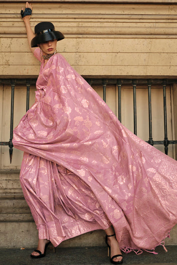 Transcendent Pink Soft Banarasi Silk Saree With Artistic Blouse Piece