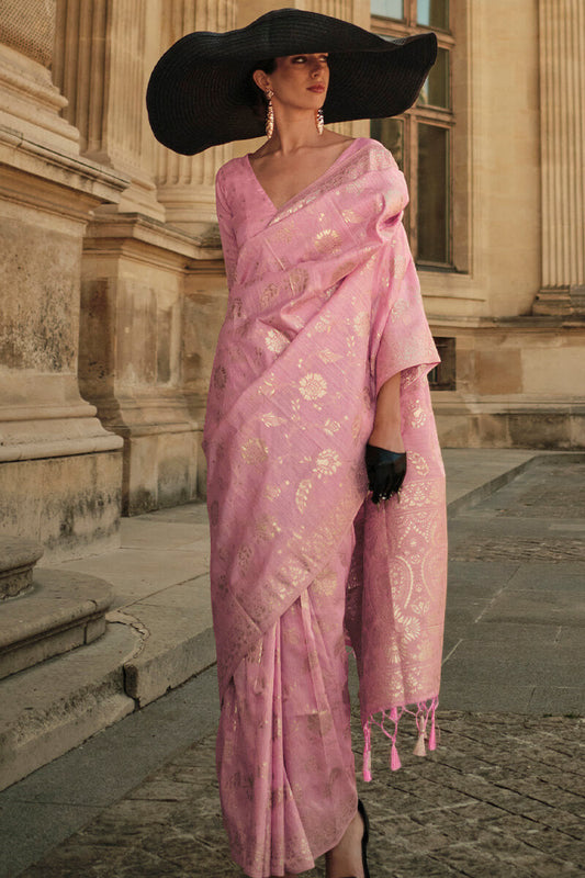 Transcendent Pink Soft Banarasi Silk Saree With Artistic Blouse Piece