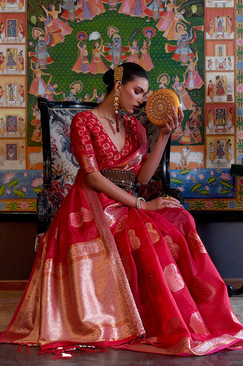 Surreptitious Red Organza Silk Saree With Propinquity Blouse Piece