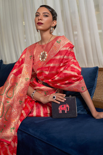 Imaginative Red Organza Silk Saree With Staggering Blouse Piece